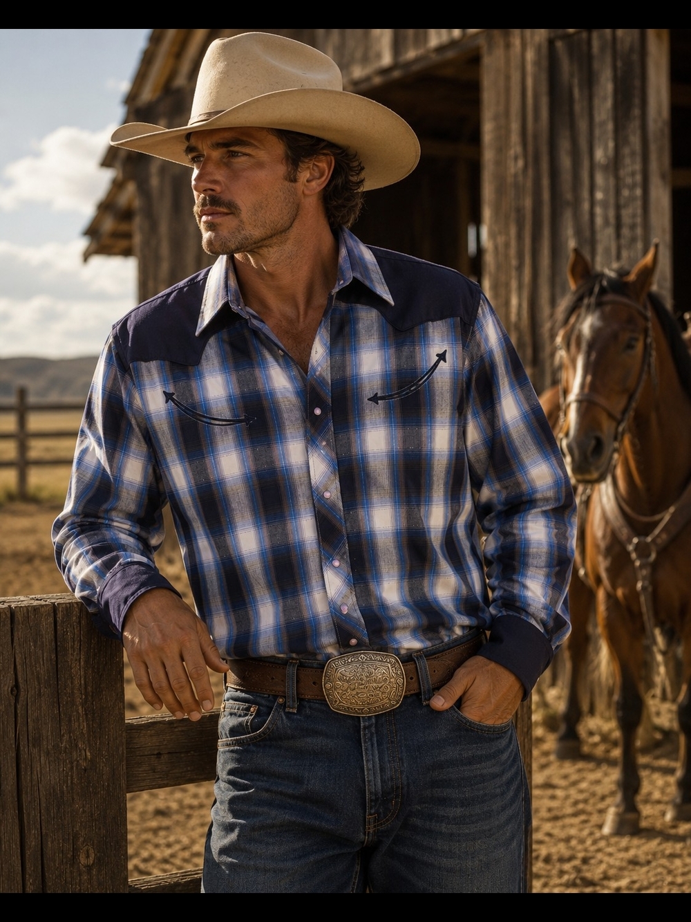 Roper Men's Blue Plaid Western Button-Down Shirt with Navy Yoke